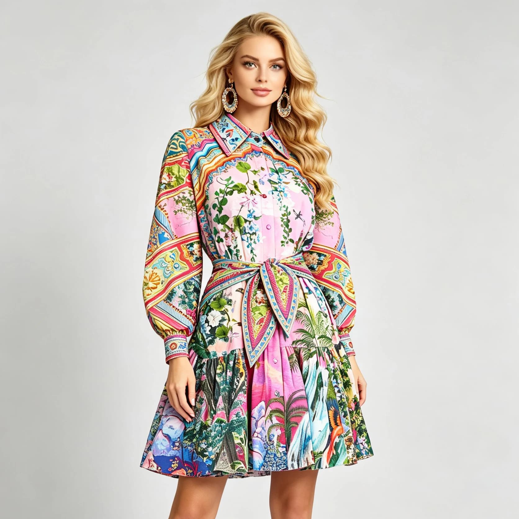 Robe bohème à imprimé floral à manches longues pour femme, mini-robe vintage taille haute, tenue déc