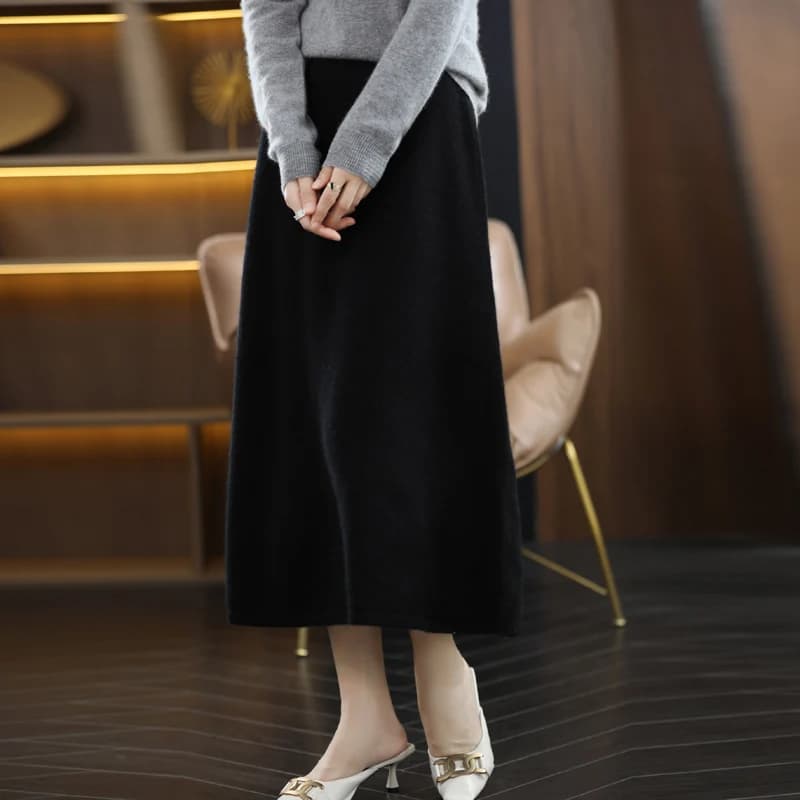 Jupe tricotée en Pure laine pour femmes, nouvelle collection 100%, jupe mi-longue et taille haute, J