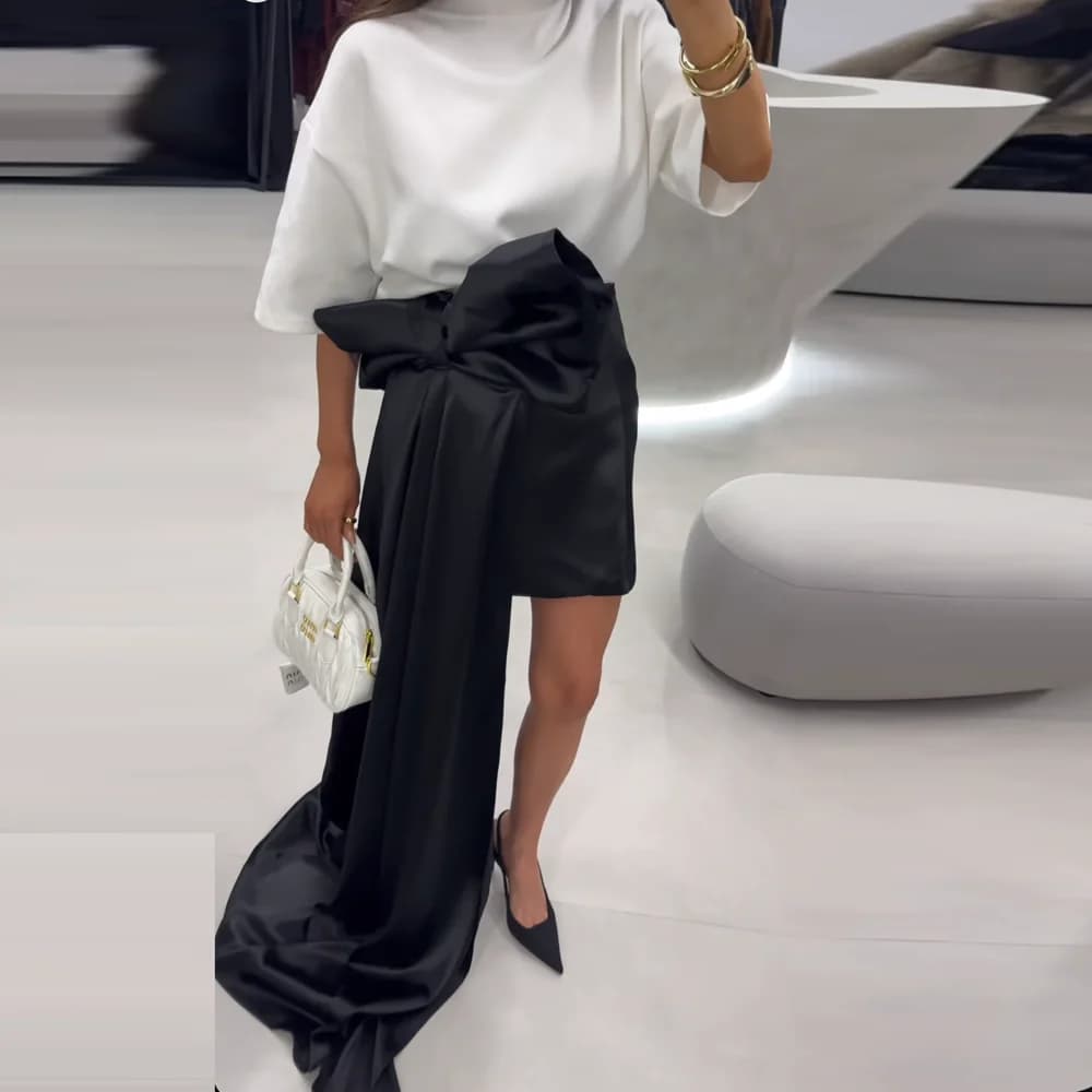 Jupe courte en satin noir pour femmes, superposition de nœud latéral, mini jupe maxi, mode féminine