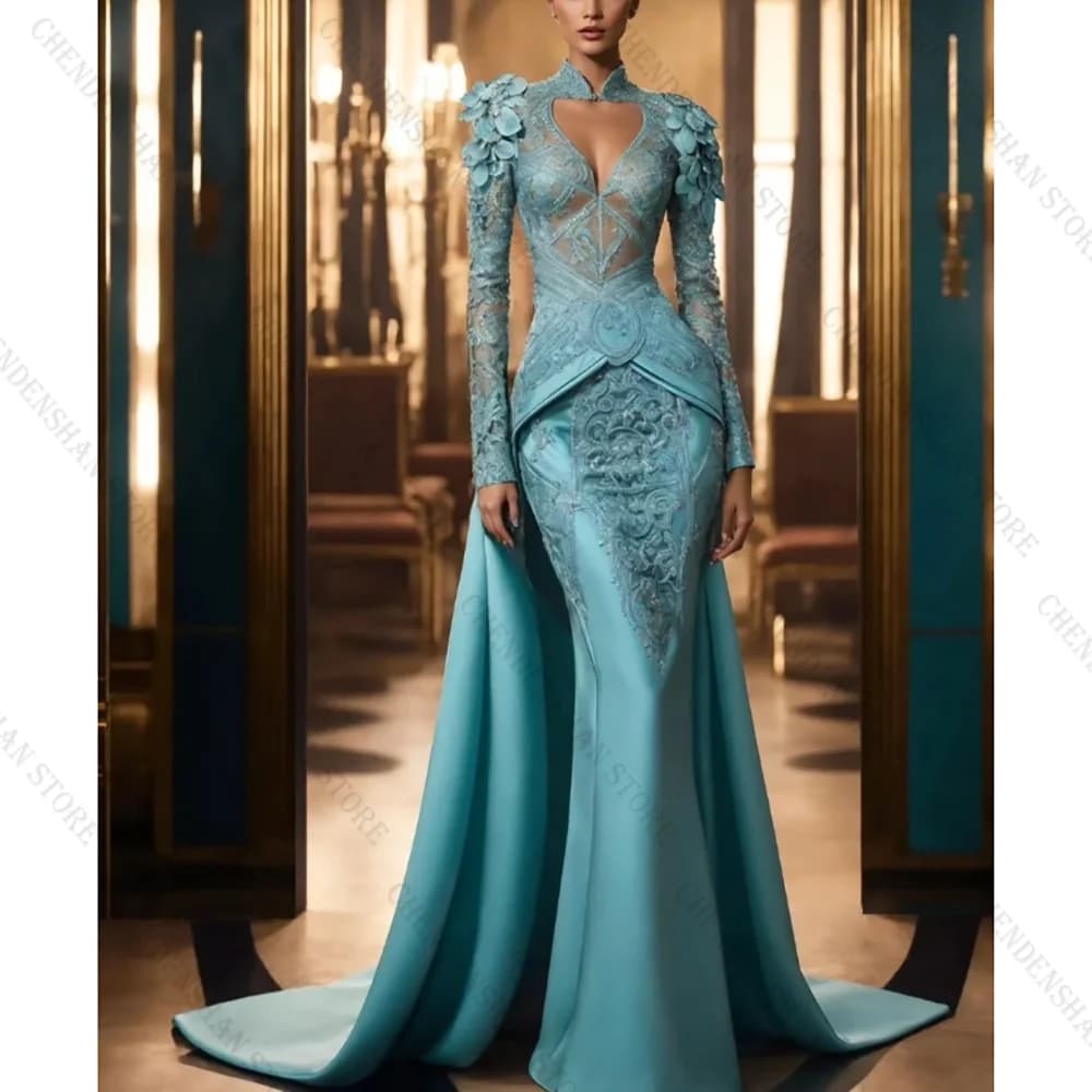 Robe De Soirée sirène en Satin bleu, élégante, Slim, manches longues, col haut, avec des Appliques e