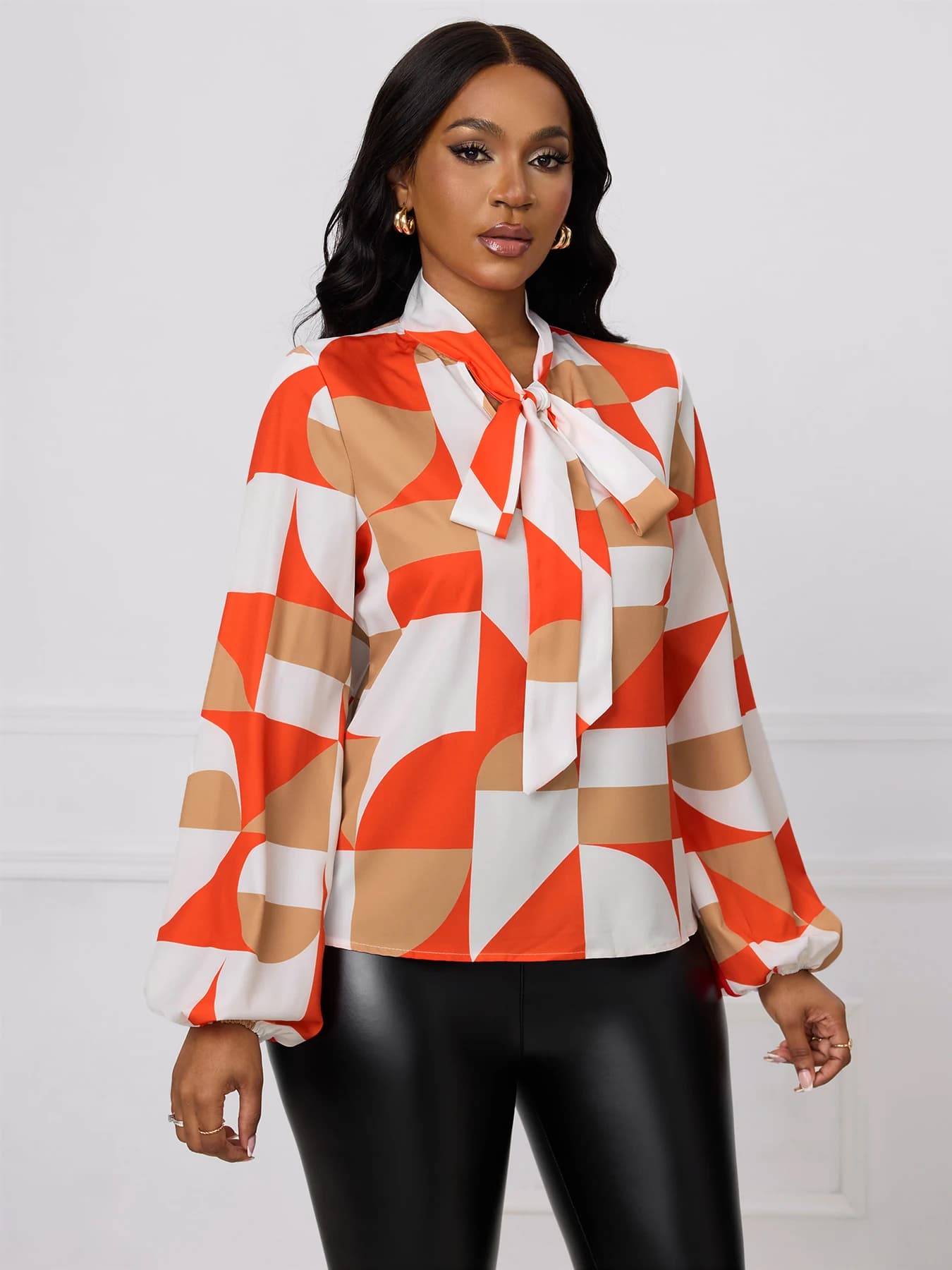 Chemisier Femme Printemps-Été Orange et Blanc à Imprimé Géométrique, Col Noué, Manches Longues, Poig