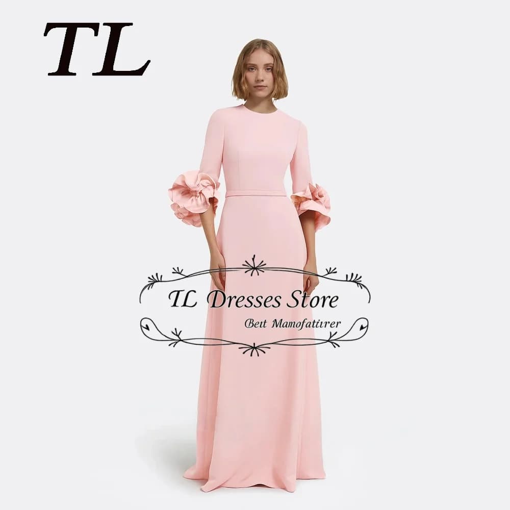 Robe de soirée longue personnalisée TL, rose, manches 3/4, plissée, avec ceinture à perles, coupe tr