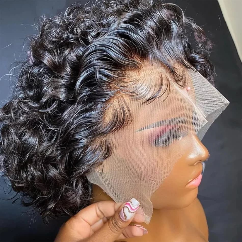 Perruque coupe lutin Transparent dentelle avant perruque de cheveux humains court crépus bouclés Bob