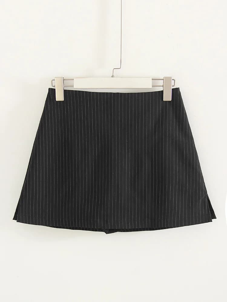 Jupe mini noire à rayures avec short intégré pour femme, coupe trapèze, fente latérale, jupe courte 