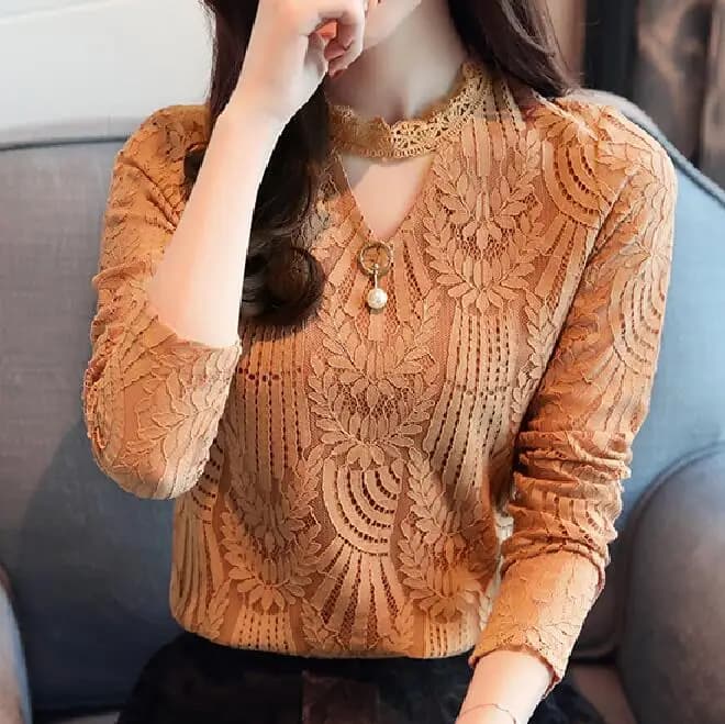 Chemise en dentelle pour femmes, manches longues, chemisiers et chemises tendance, crochet, vêtement