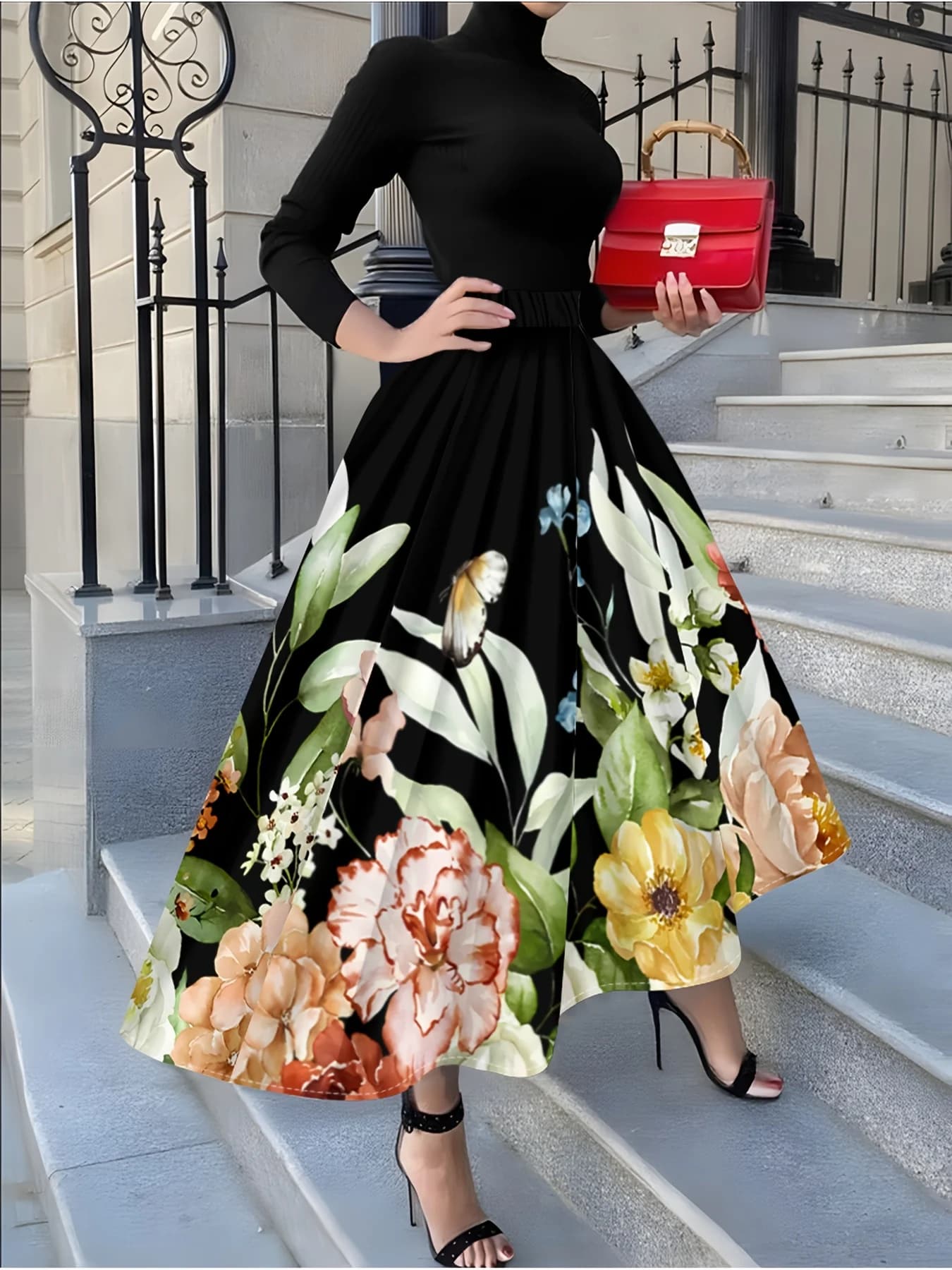 Jupe midi élégante pour femme à imprimé floral aquarelle papillon, tendance printemps-été, coupe tra