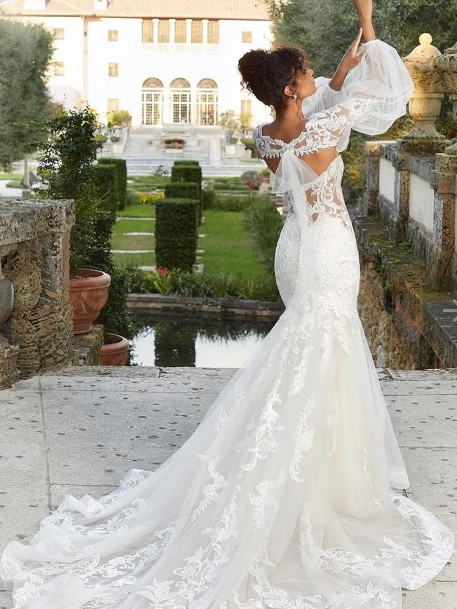 Robe de mariée sirène/trompette sexy avec appliques, exquise, traîne courte, dos illusion en dentell