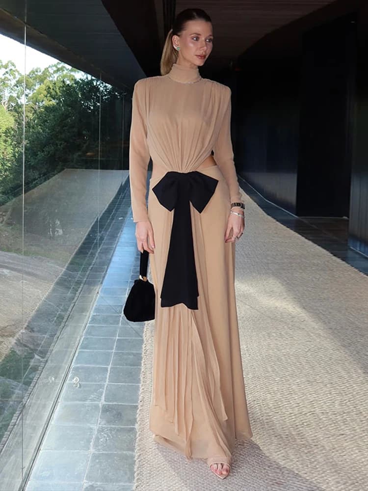 Robe de soirée longue pour femme, col roulé, ajourée, avec nœud, plissée, à manches longues, dos nu,