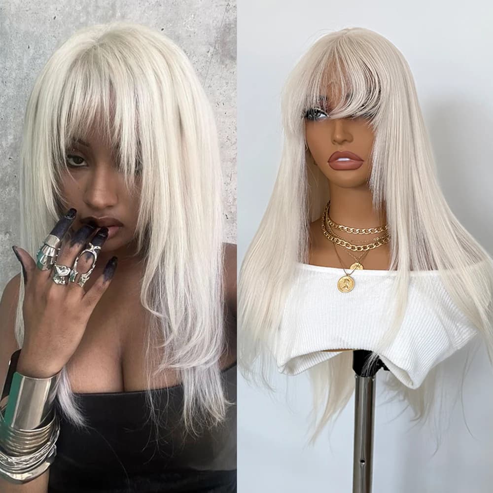 Perruque Lace Front Wig synthétique Blonde platine, coupe superposée avec frange, longue et soyeuse,