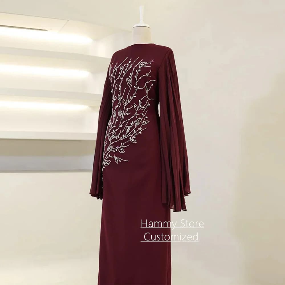 Robe de soirée arabe personnalisée à manches longues, col rond, ornée de sequins et de pierres, avec