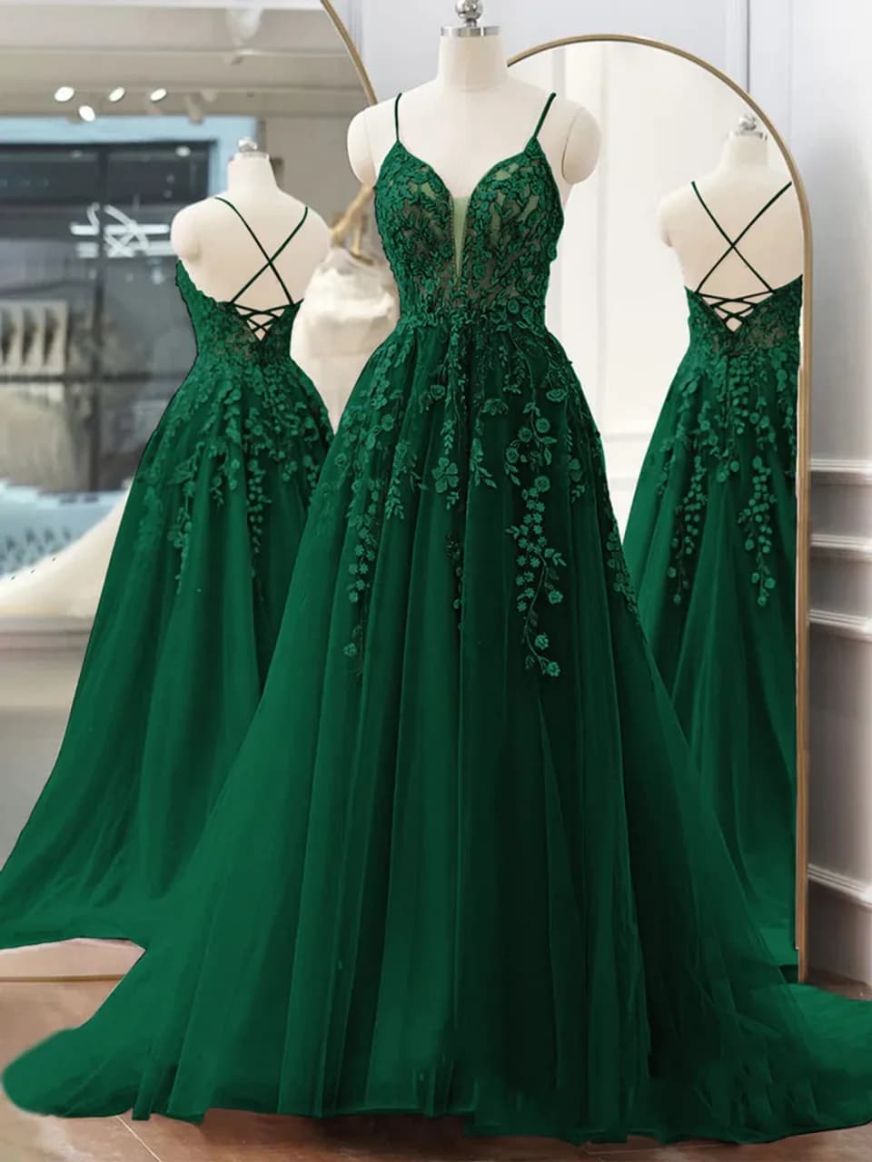 Robe de Bal Verte avec Appliques en Dentelle, Bretelles Spaghetti Perlées, Col en V, Longue Traîne d
