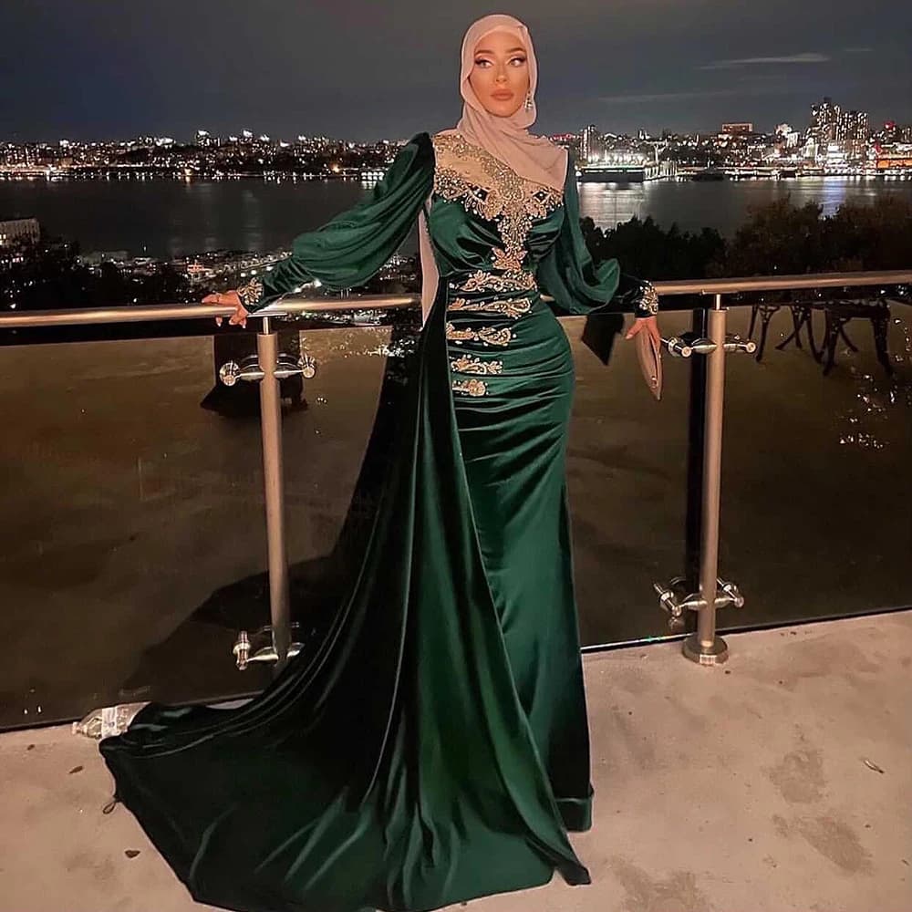 Robe de soirée musulmane élégante vert émeraude pour femme 2026, col rond, manches longues, coupe si
