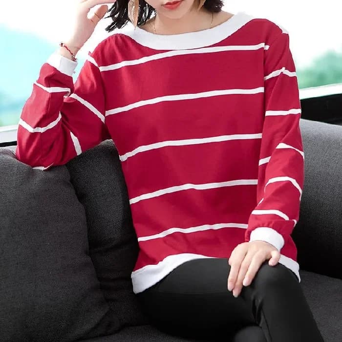 T-shirt rayé à manches longues pour femme, coupe ample, style décontracté, en acrylique, nouvelle co