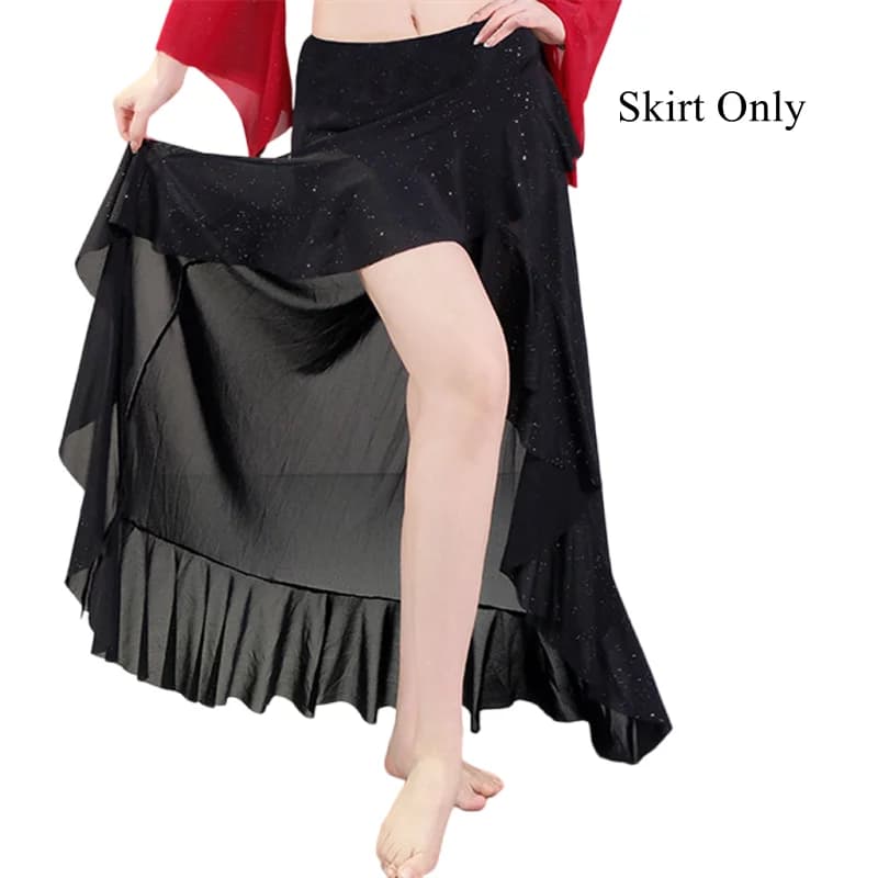 Jupe de danse orientale scintillante pour femme, jupe asymétrique à volants avec short intégré, jupe