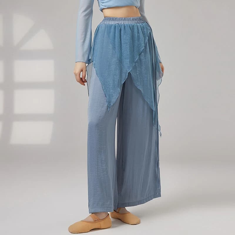 Pantalon de danse moderne asymétrique avec superposition de jupe transparente, pantalon large à doub