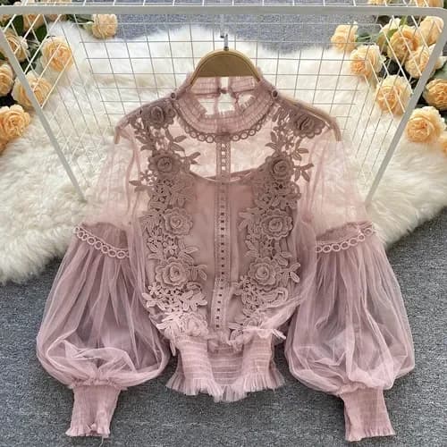 Chemisier à manches longues bouffantes en dentelle pour femmes, chemisiers vintage, mode élégante, v