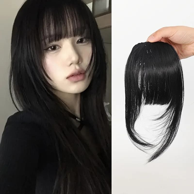Frange synthétique à clipser, coupe effilée avec mèches latérales, brun foncé, aspect naturel pour f