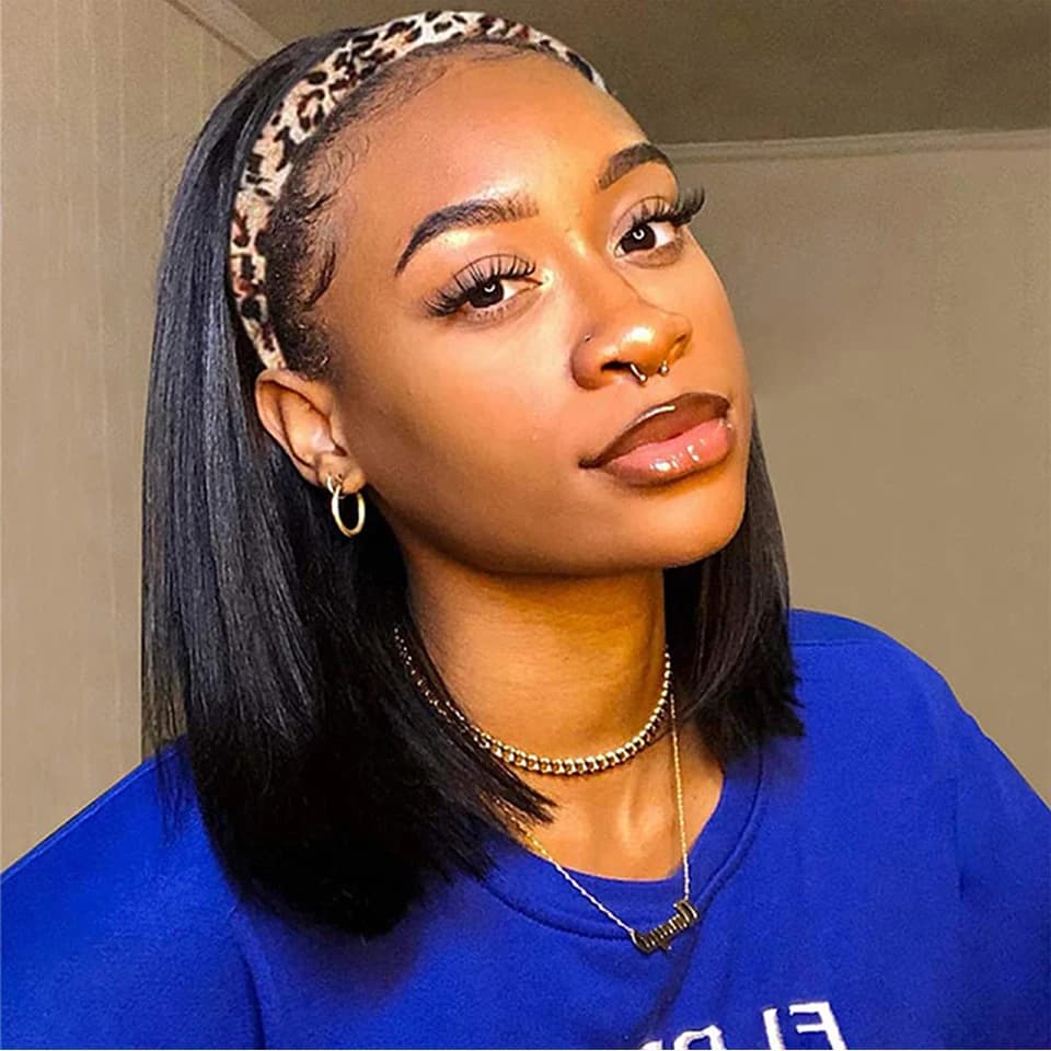 Bandeau Bob perruques cheveux humains courts raides pour les femmes noires porter et aller perruques