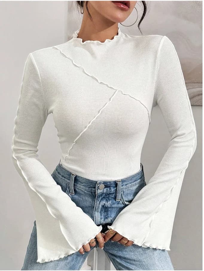 Économie à manches longues pour femmes, col rond, ourlet irrégulier, manches évasées, t-shirt à fond