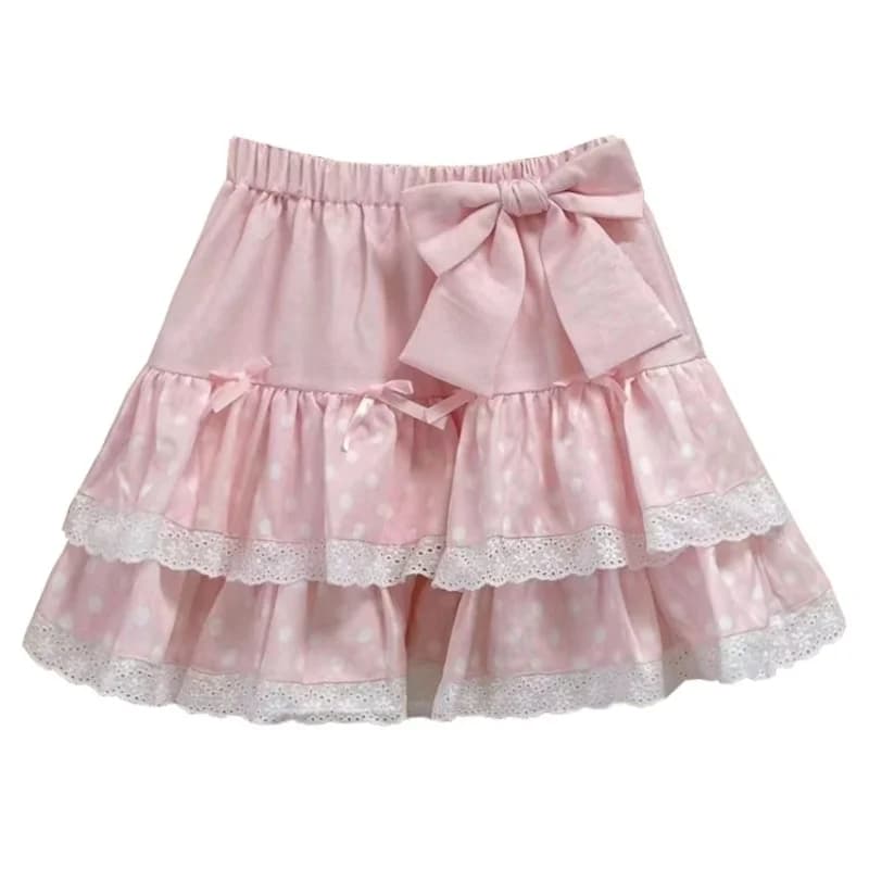 Mini jupe en dentelle à pois Kawaii pour femmes, jupe de soirée en couches, nœud en dentelle douce, 