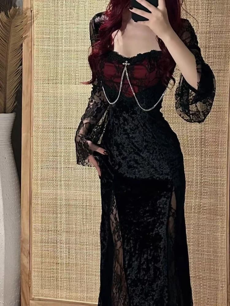 France Hepburn dentelle mince robe noire femmes gothique Y2k Sexy à manches longues Patchwork robes 