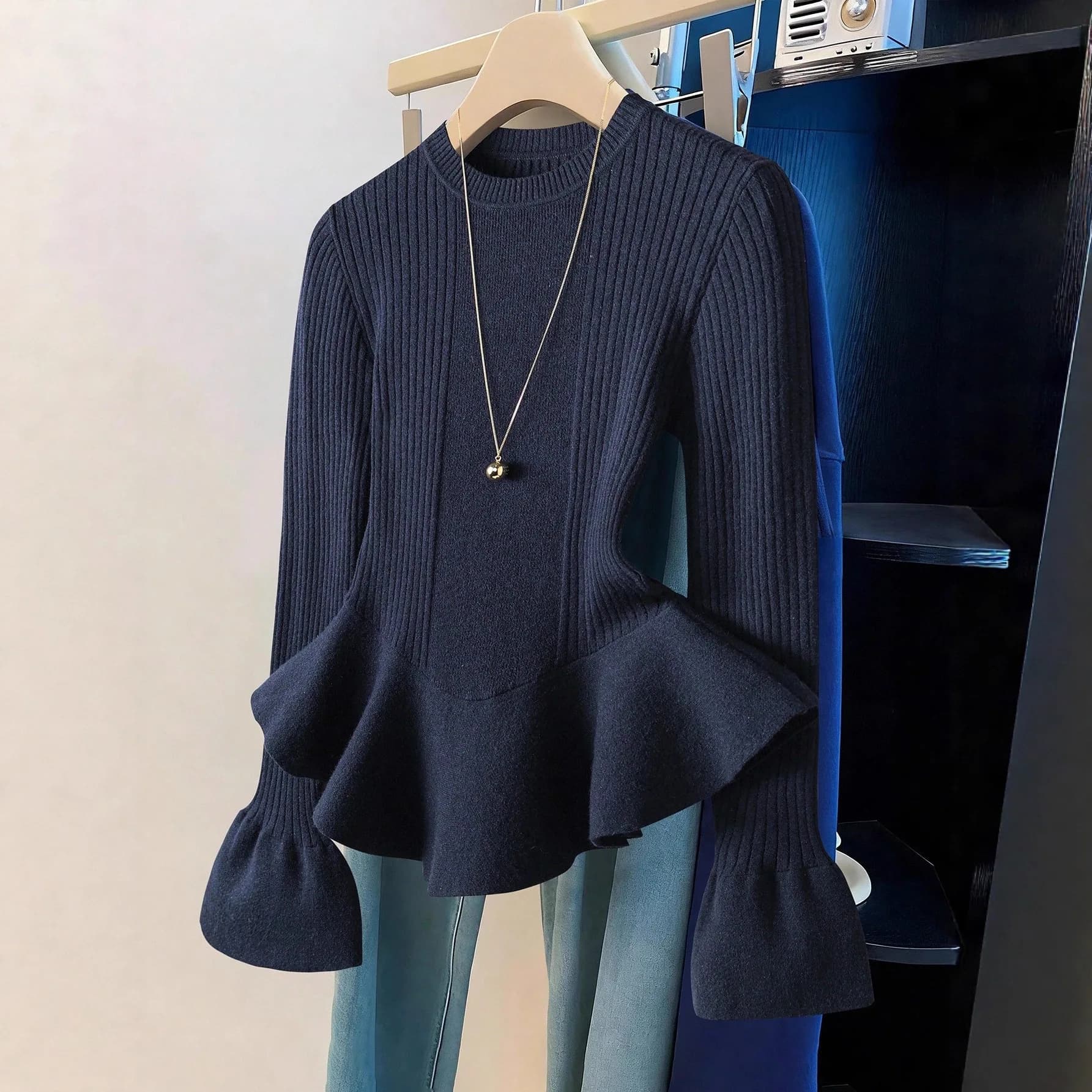Pull tricoté à manches longues et col rond pour femme, coupe cintrée, Style américain, chemise de Ba