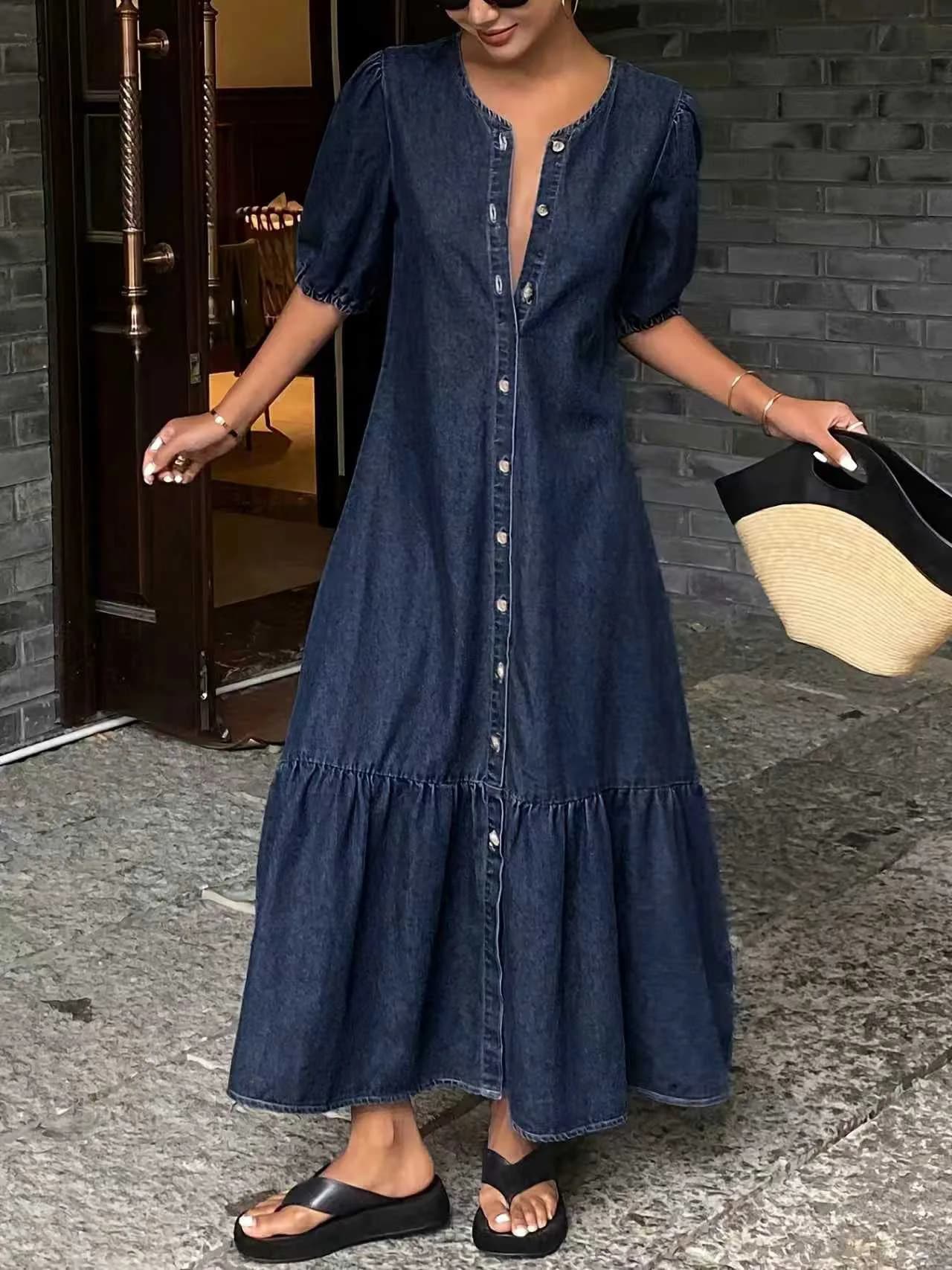 Robe longue décontractée en jean vintage à col rond pour femme, nouvelle collection 2026, chic, avec