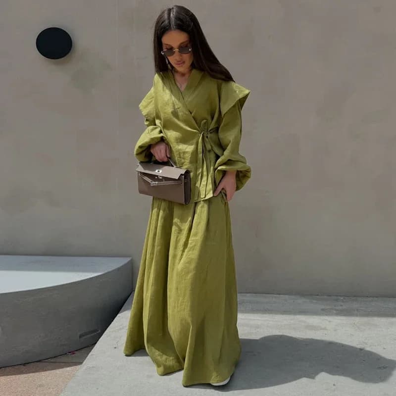 Chemise ample deux pièces à col rabattu pour femmes, manches longues, à lacets, ligne a, jupes longu