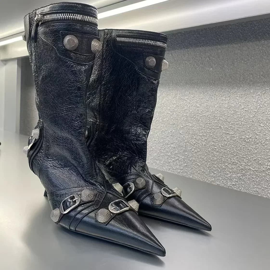 Talons aiguilles sexy pour femmes avec décoration de rivet, bottes au genou à large baril, bottes de