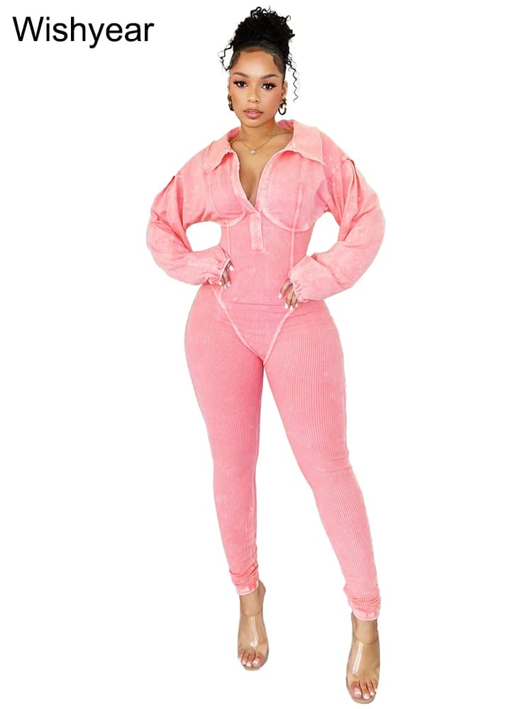 Combinaisons roses élégantes pour femmes, manches longues, revers, moulante, Sexy, sport, barboteuse