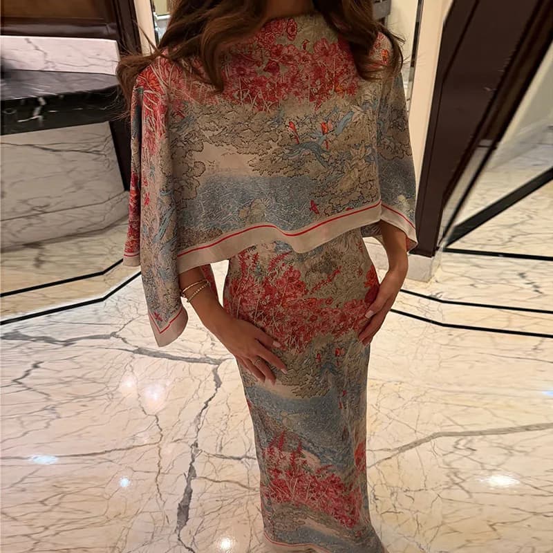 Robe longue élégante imprimée pour femme, style châle, col montant, taille cintrée, collection été 2