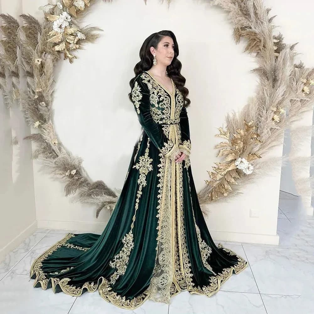 Robes de soirée musulmanes caftan marocain vert, robe islamique personnalisée, manches longues A-lig