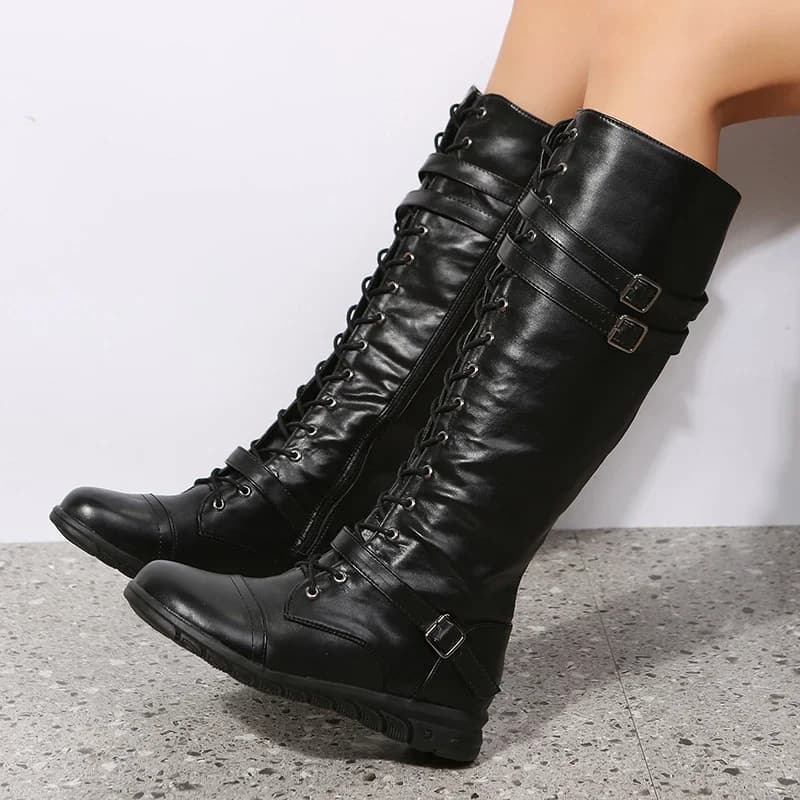 Bottes d'hiver pour femmes, bottes de combat, bottes de cow-boy, bottes hautes en cuir, plateforme, 