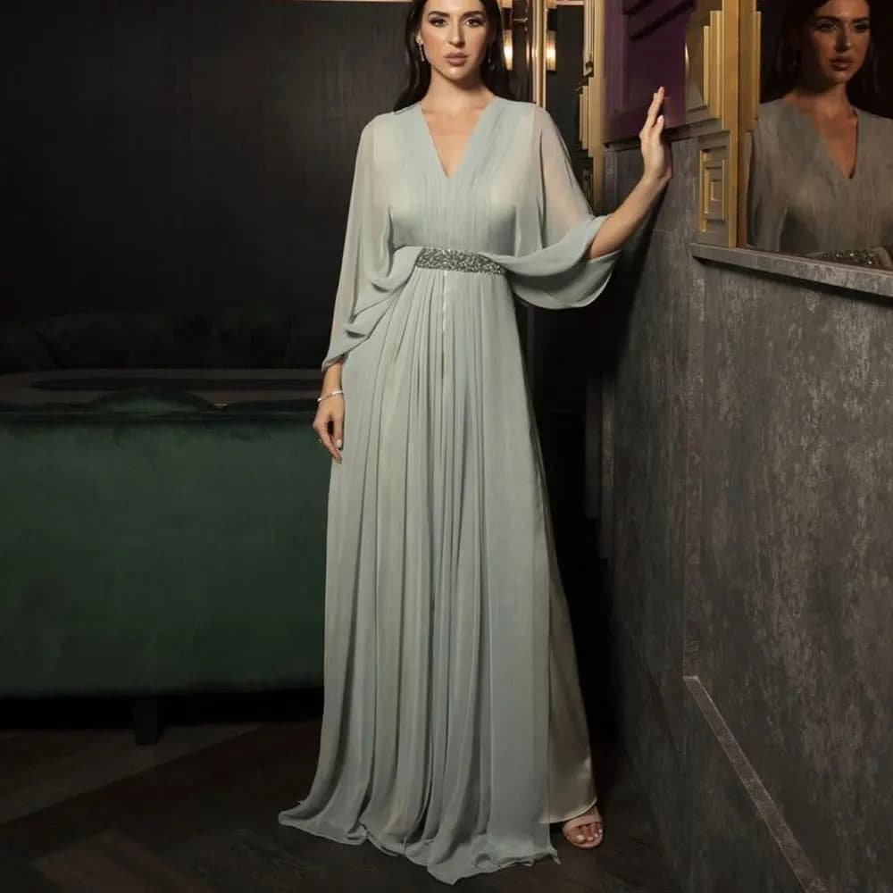 Robe de soirée élégante en mousseline de soie, col en v, manches longues, longueur au sol, robe de b