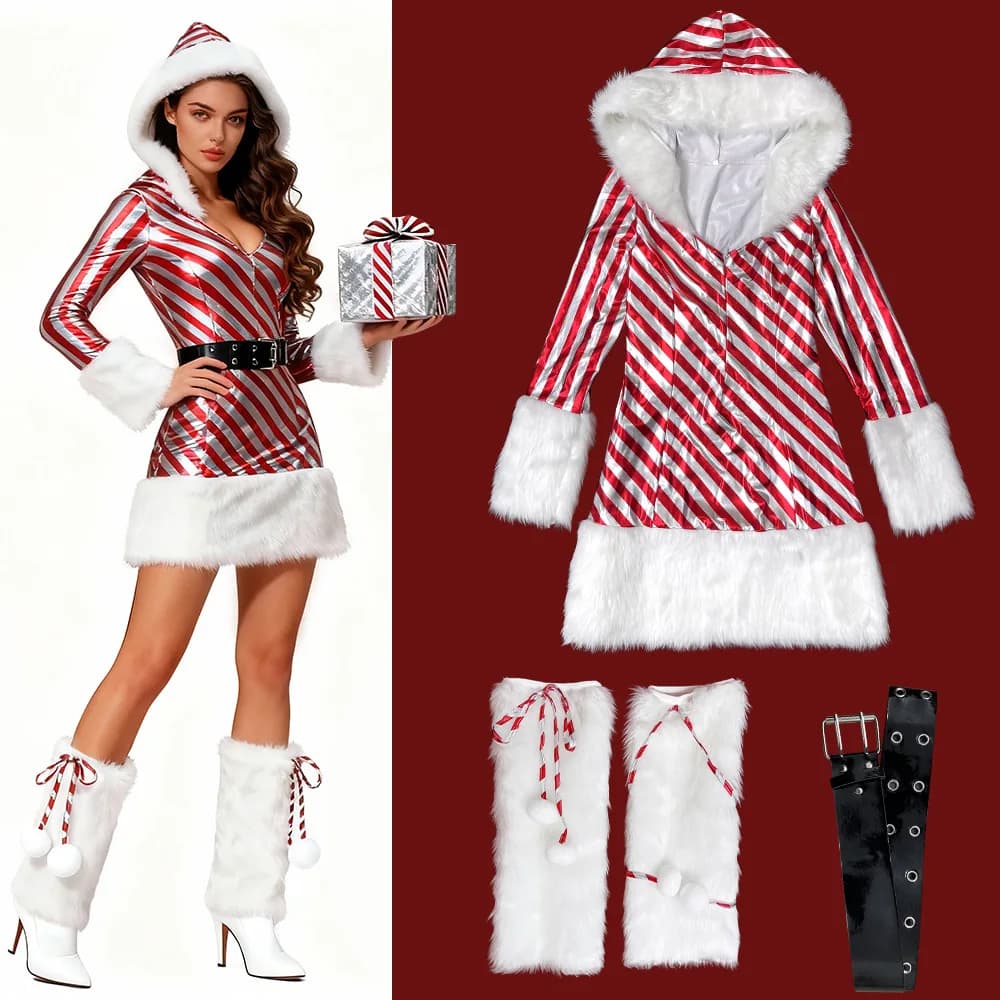 Costume de noël pour femmes adultes, jupe courte Sexy, robe à capuche rayée pour jeu de rôle de fête