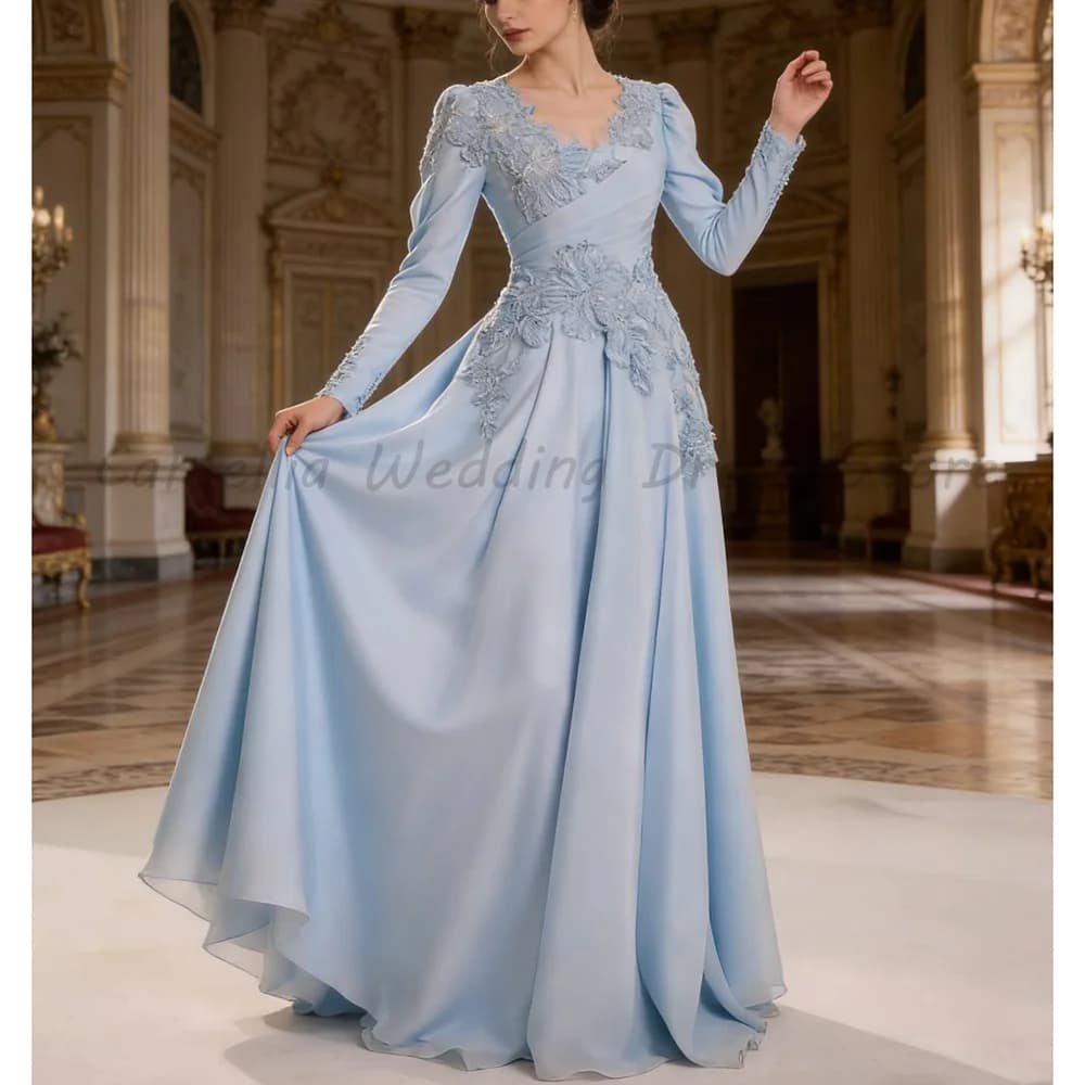 Robe de soirée en mousseline bleu clair, col en V, manches longues bouffantes, appliques florales 3D