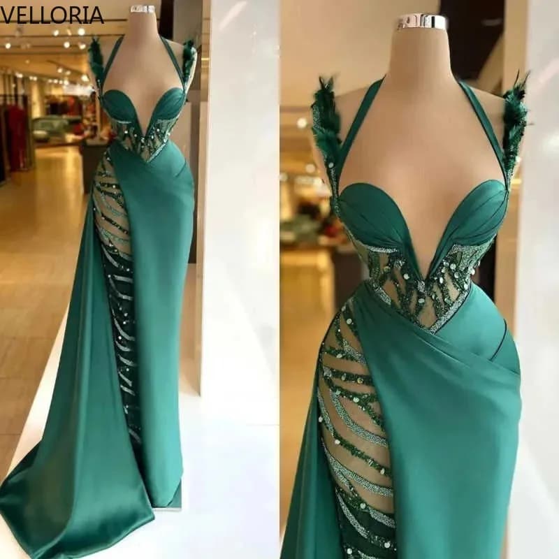 Robe de bal sexy en satin vert émeraude longue robe de soirée sirène avec fente latérale, maille d'i