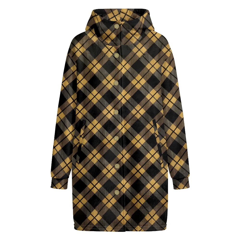 Trench-Coat classique à capuche à carreaux noirs et dorés, boutons ronds, poches latérales, vêtement