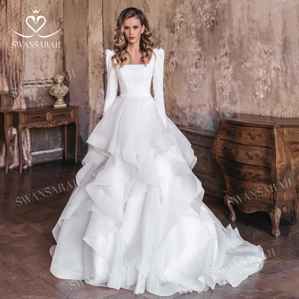 Robe De mariée à manches longues, col carré, ligne a, traîne Court, princesse, SwanSarah N454, robe 
