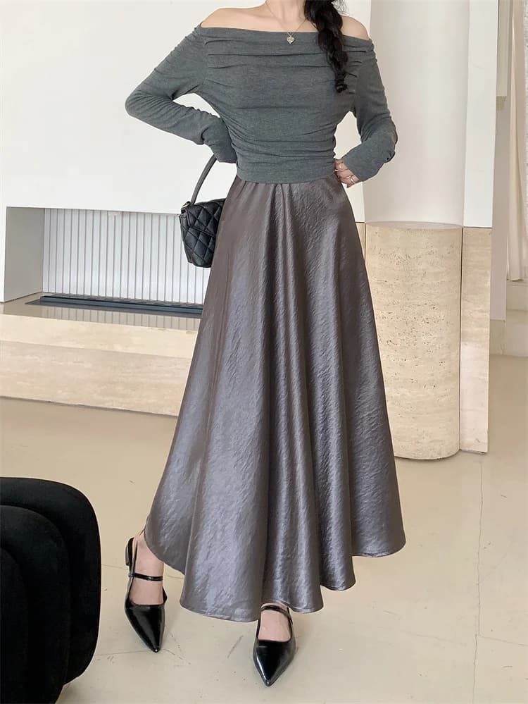 Jupe longue en satin d'été pour femme, élégante, coupe trapèze, taille haute, noire, style coréen, m