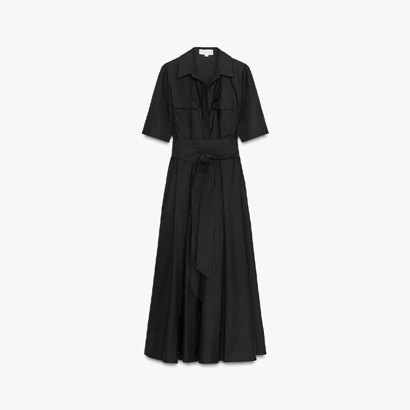 Nouvelle Robe Longue Plissée Noire Élégante pour Femme avec Ceinture, Manches Longues et Col Revers,