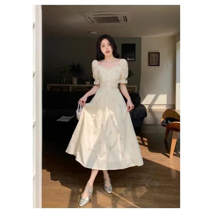 Robe longue féerique pour femme, imprimé floral, taille empire, manches bouffantes, col carré, longu