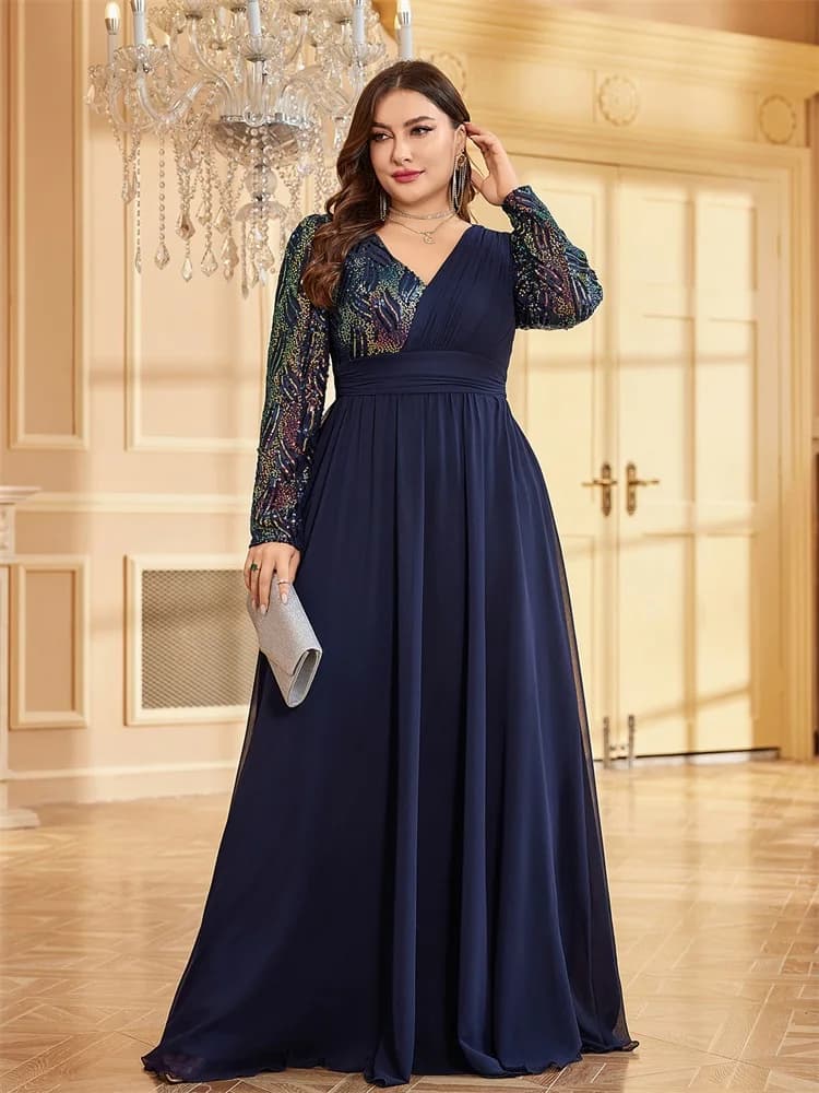Lucyinlove grande taille luxe en mousseline de soie à manches longues robes de soirée femmes paillet