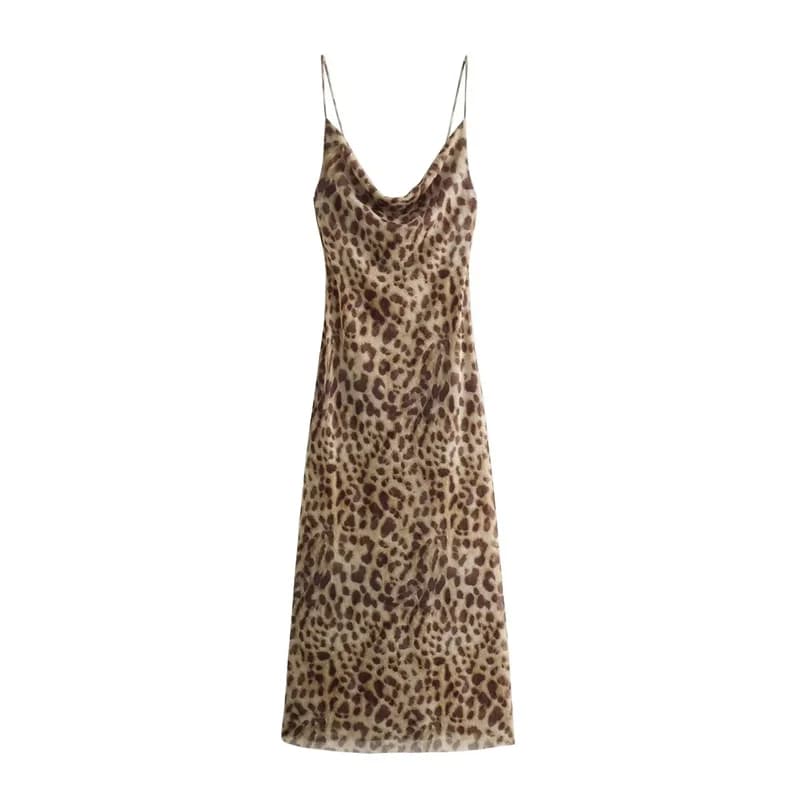 Robe Longue en Tulle Imprimé Léopard pour Femme, Dos aux, Slip, Sexy, Vacances, Vintage, Midi, Soiré