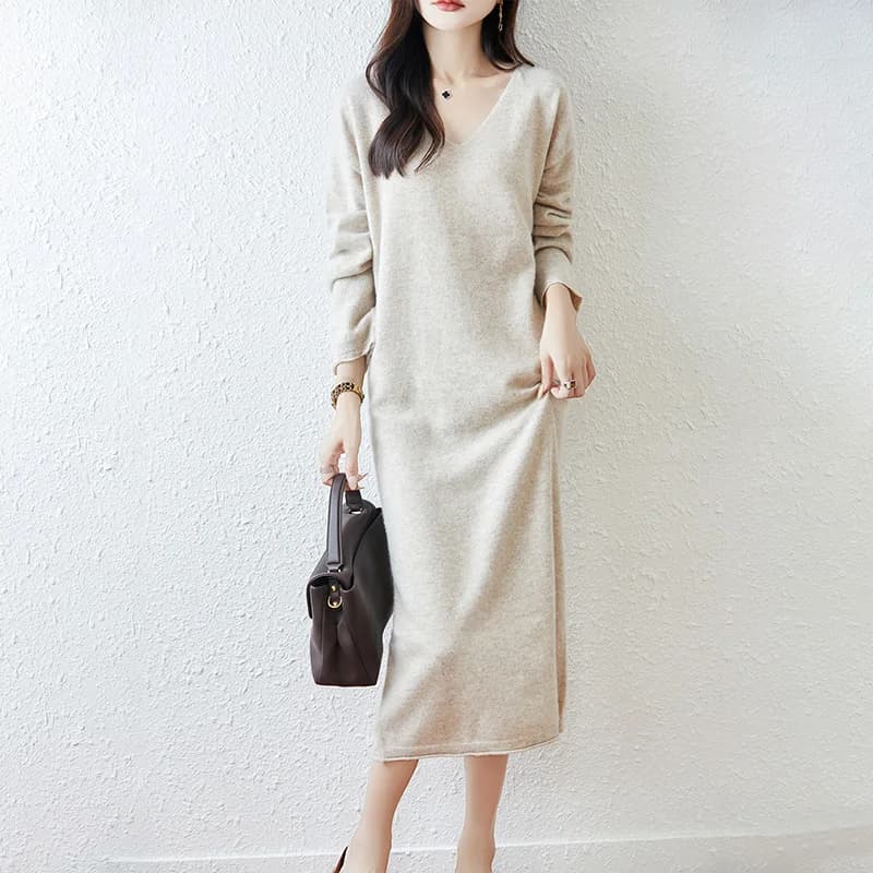 Nouvelle jupe en laine en automne et en hiver, col en v, robe pull ample décontractée, mode Joker, r