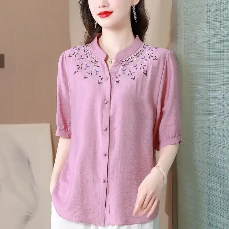 Chemise en lin pour femmes - Col brodé, manches courtes, chemise décontractée