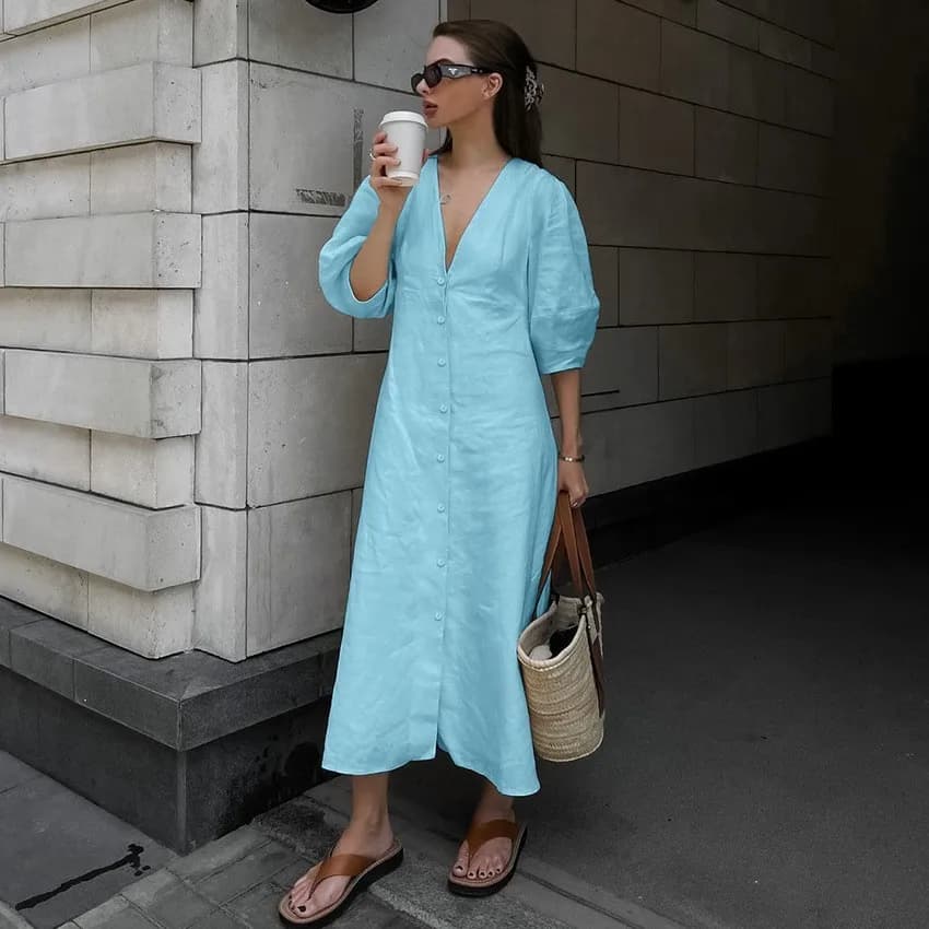 Robe longue en coton et lin, élégante, légère, Style Mature, col en v, manches à bulles, dos nu, cei