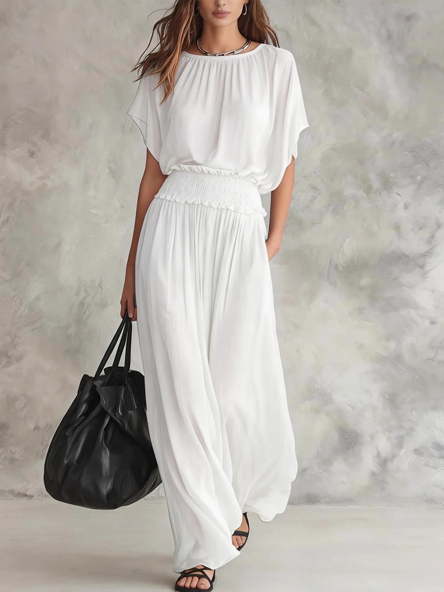 Nouvelle robe longue en mousseline pour femme, élégante, à taille froncée, coupe ajustée, maxi, déco