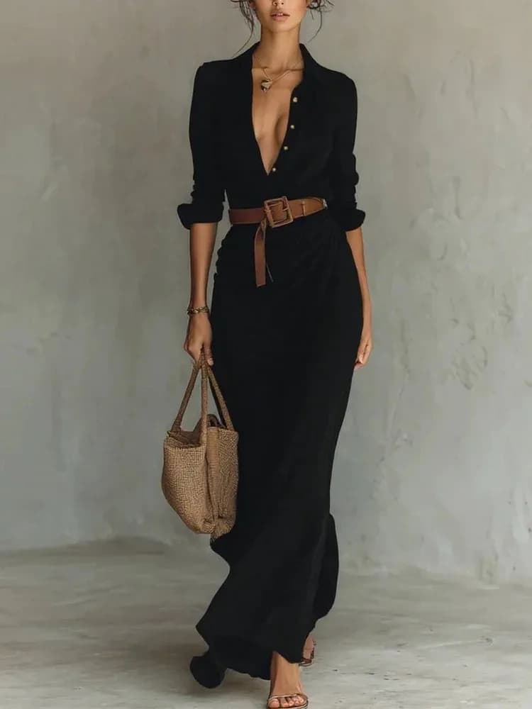 Robe longue de soirée élégante avec ceinture, manches longues, décontractée, Sexy, décolleté en V pr
