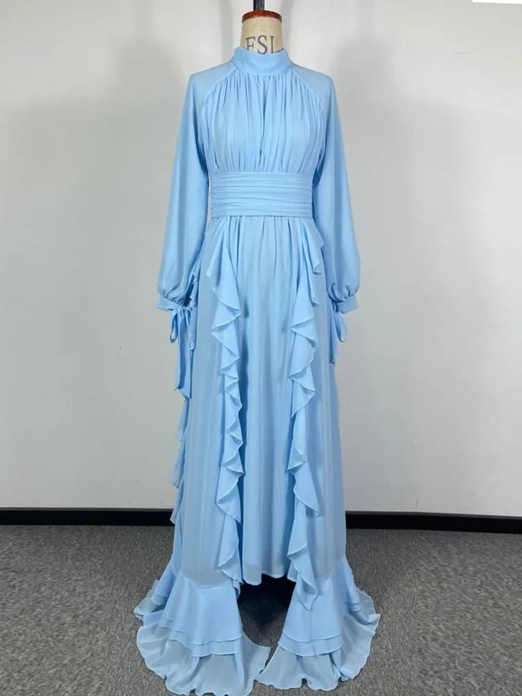 Robe longue plissée en mousseline bleu clair pour femme, taille mi-haute, élégante, avec nœud, pour 